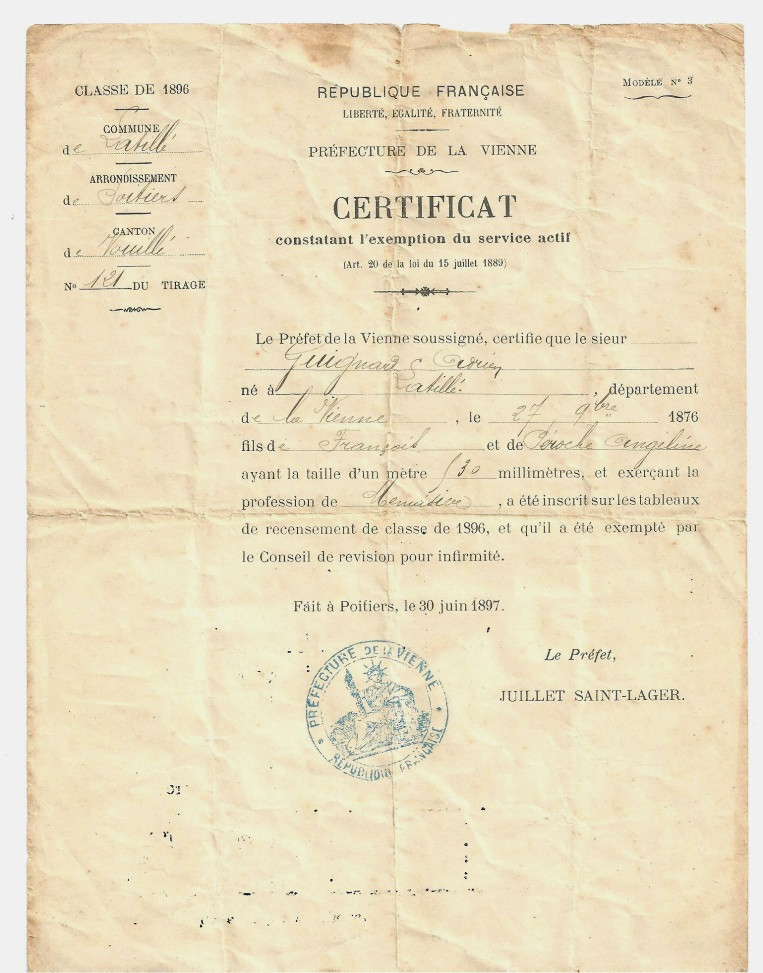 Adrien Guignard - Certificat d'exemption - Archives familiales