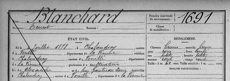AD86 - Registre matricule Poitiers 1898 - Matricule 1691